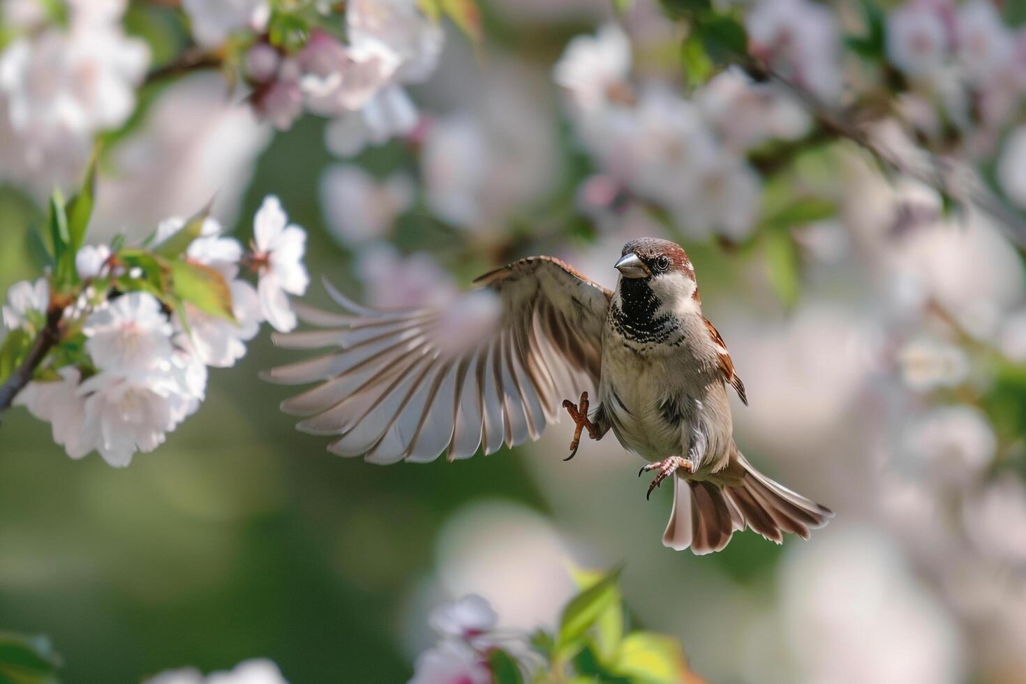 Sparrow in Nature Background of Blooming Spring Garden photo