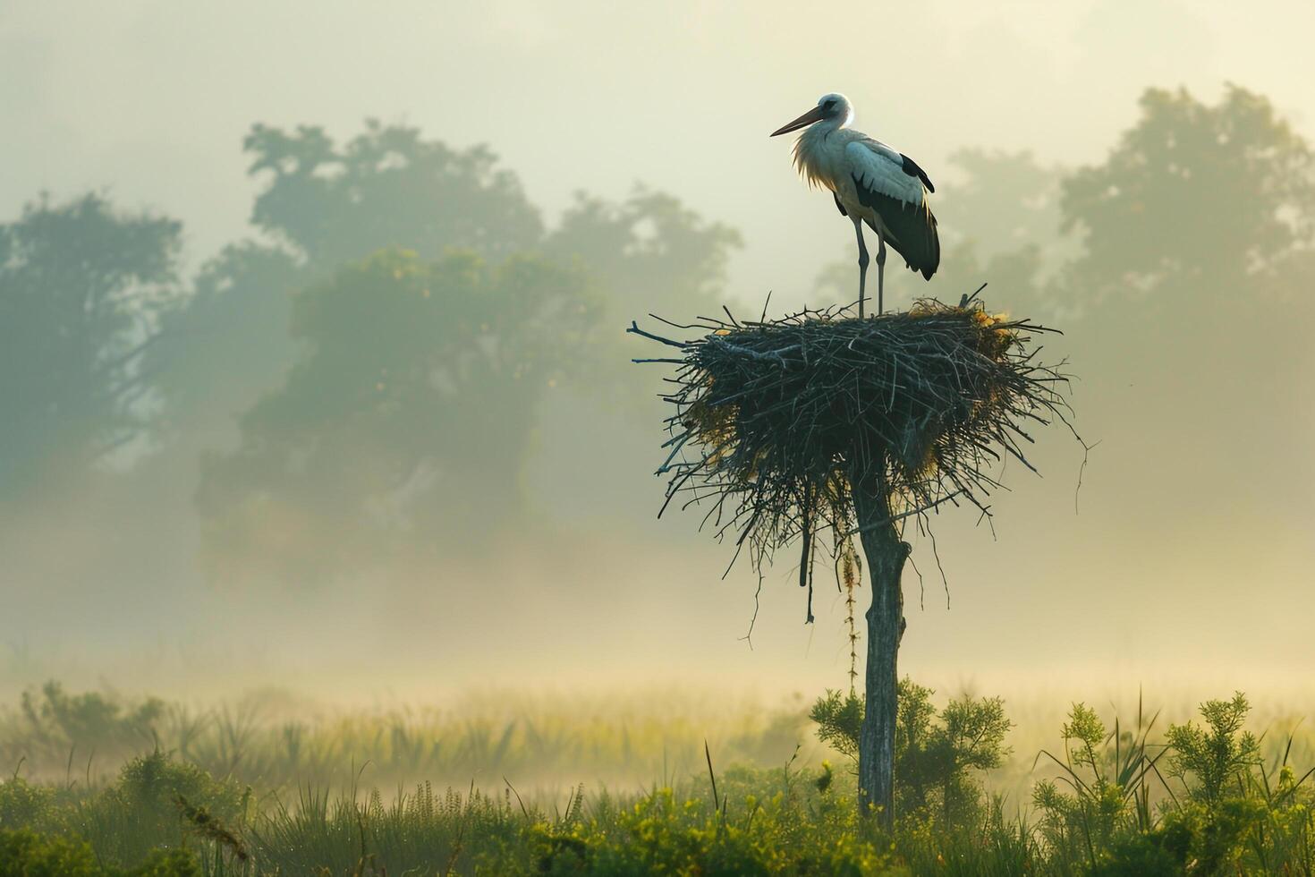 Majestic Stork Nesting in Wetland Nature Background photo