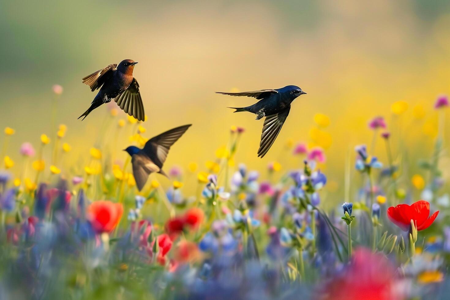 Swift Swallows Over Flower Field Nature and Background photo