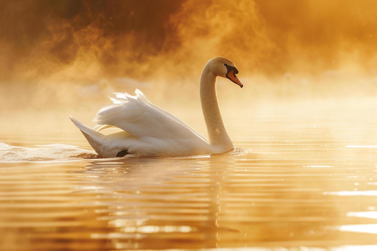 Graceful Swan on Misty Lake at Sunrise Nature Background photo