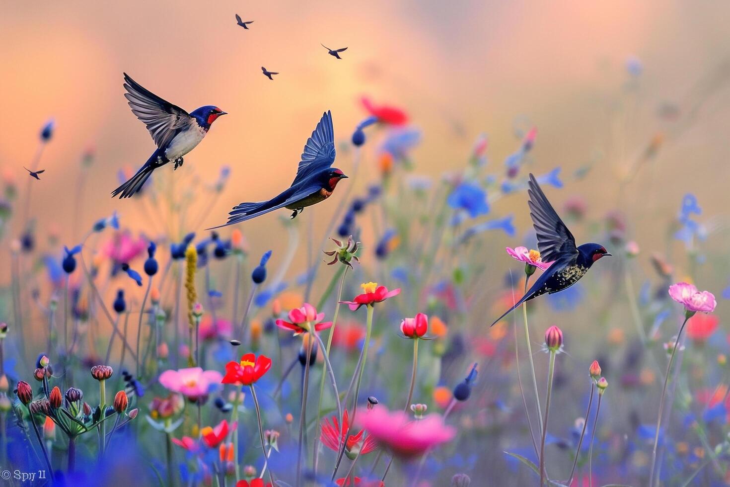 Swift Swallows over Field Nature Background photo