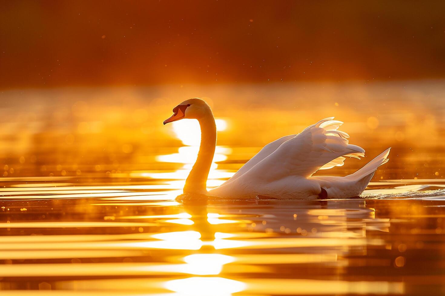 Sunset Serenity with Swan on Serene Lake Nature Background photo