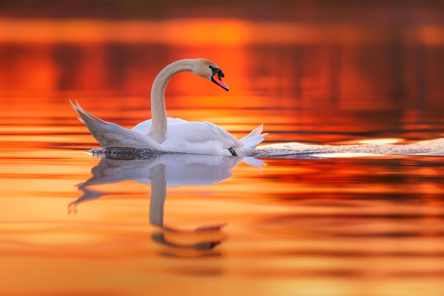 Sunset Over Serene Lake with Gliding Swan Nature Background photo