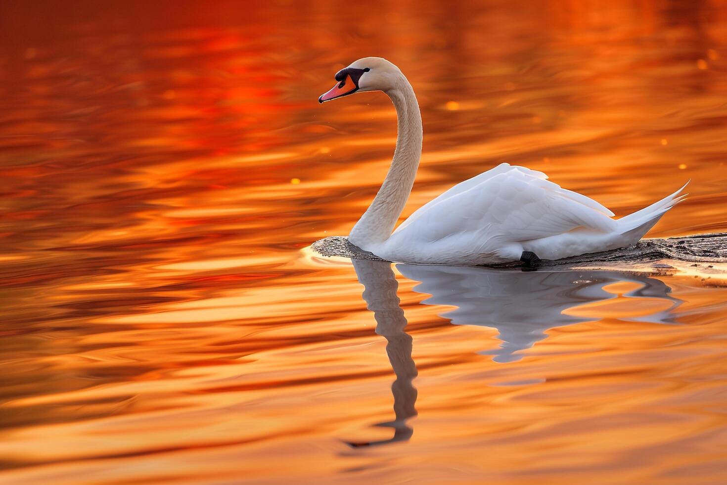 Serene Sunset with Swan Gliding on Lake Nature and Background photo