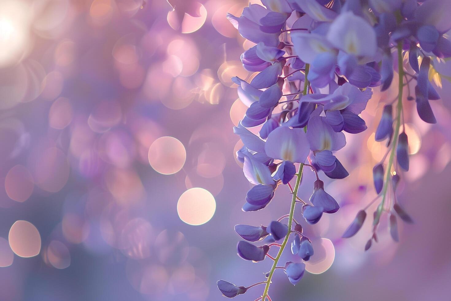 Wisteria Blooms with Nature Background. Cascading Flowers photo