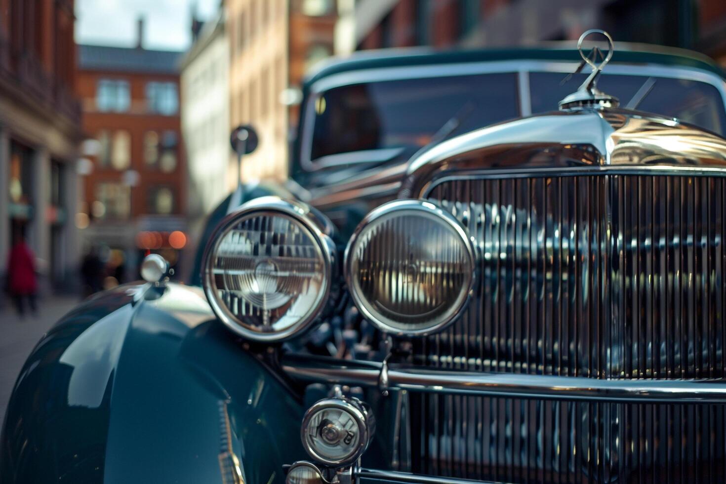 Nature Background of Classic Cars Chrome Bumper and Grille. Reflections of Nearby Buildings photo