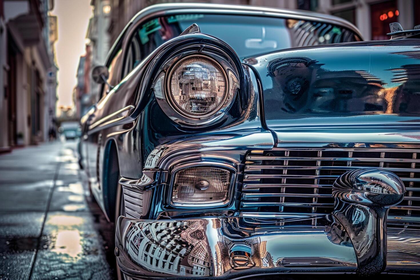 Nature Background of Classic Cars Chrome Bumper and Grille. Reflections of Nearby Buildings photo