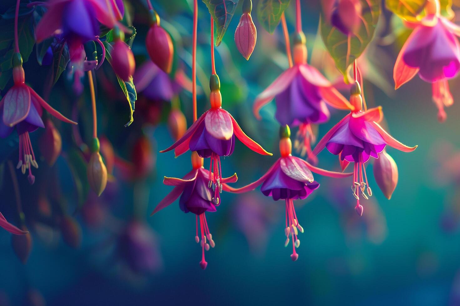 Hanging Fuchsia Flowers with Long Petals in a  Garden Background Nature photo