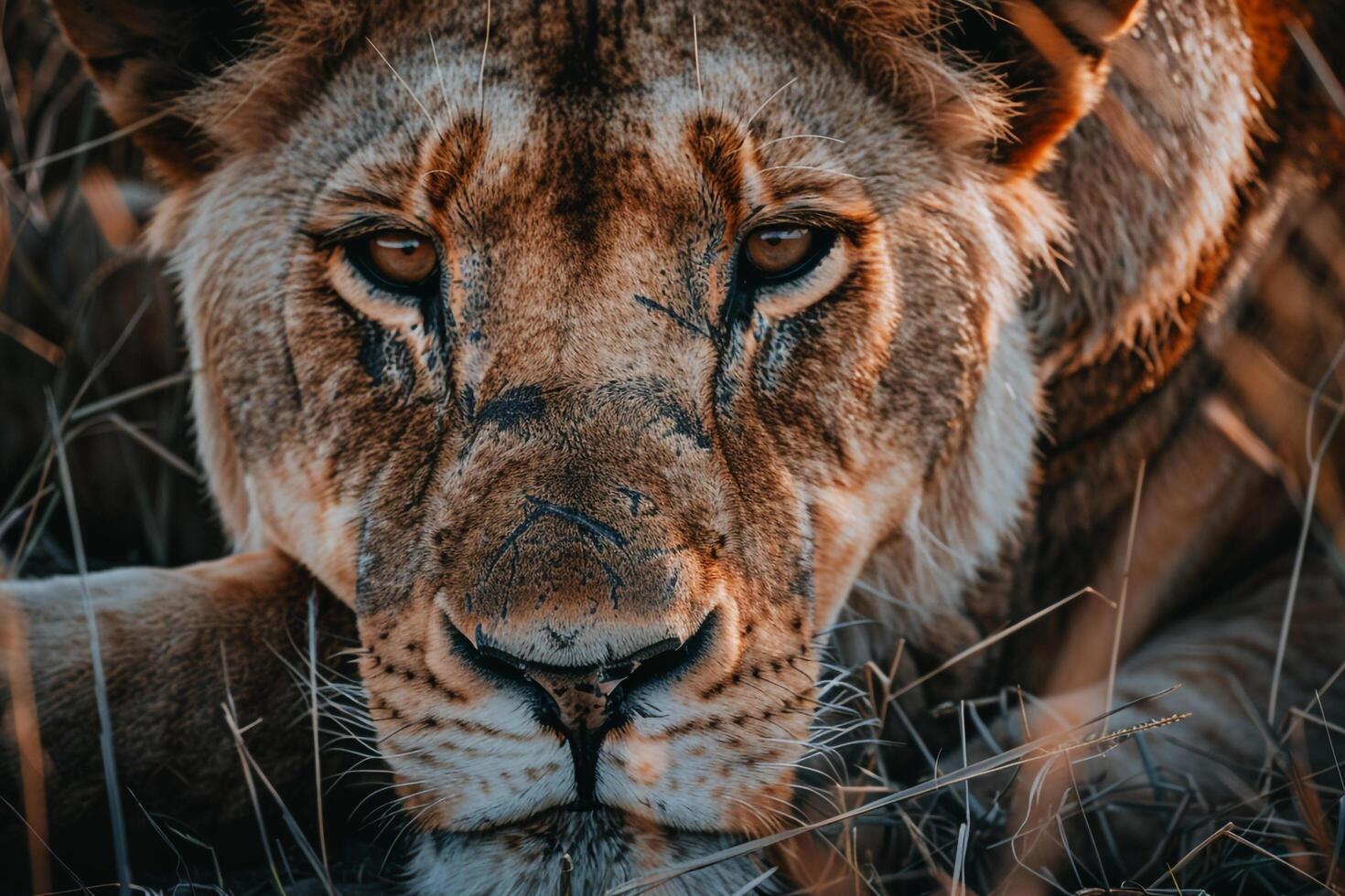 Nature Background of a Lioness Resting in the Savannah with a Serene Wildlife Setting photo