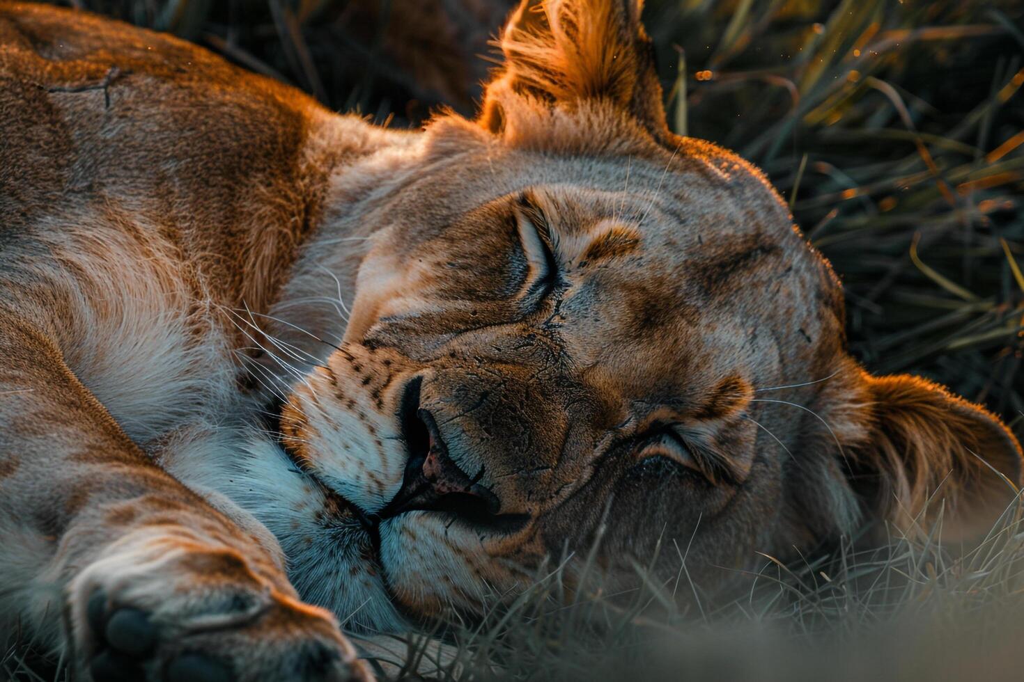Nature Background of a Lioness Resting in the Savannah with a Serene Wildlife Setting photo