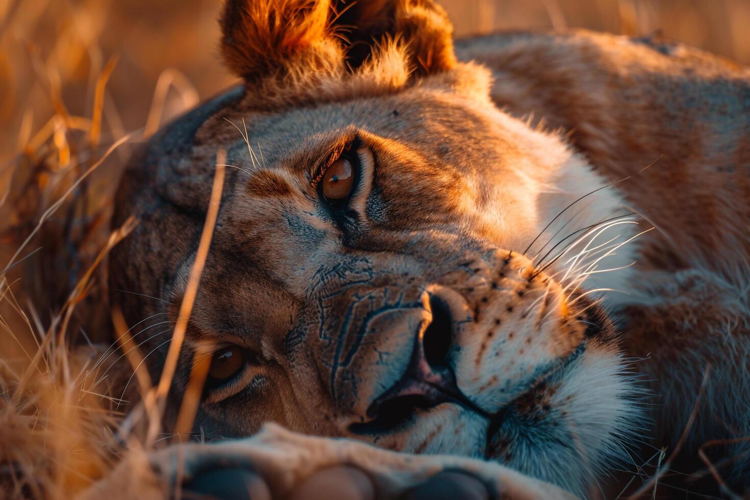 Nature Background of a Lioness Resting in the Savannah with a Serene Wildlife Setting photo
