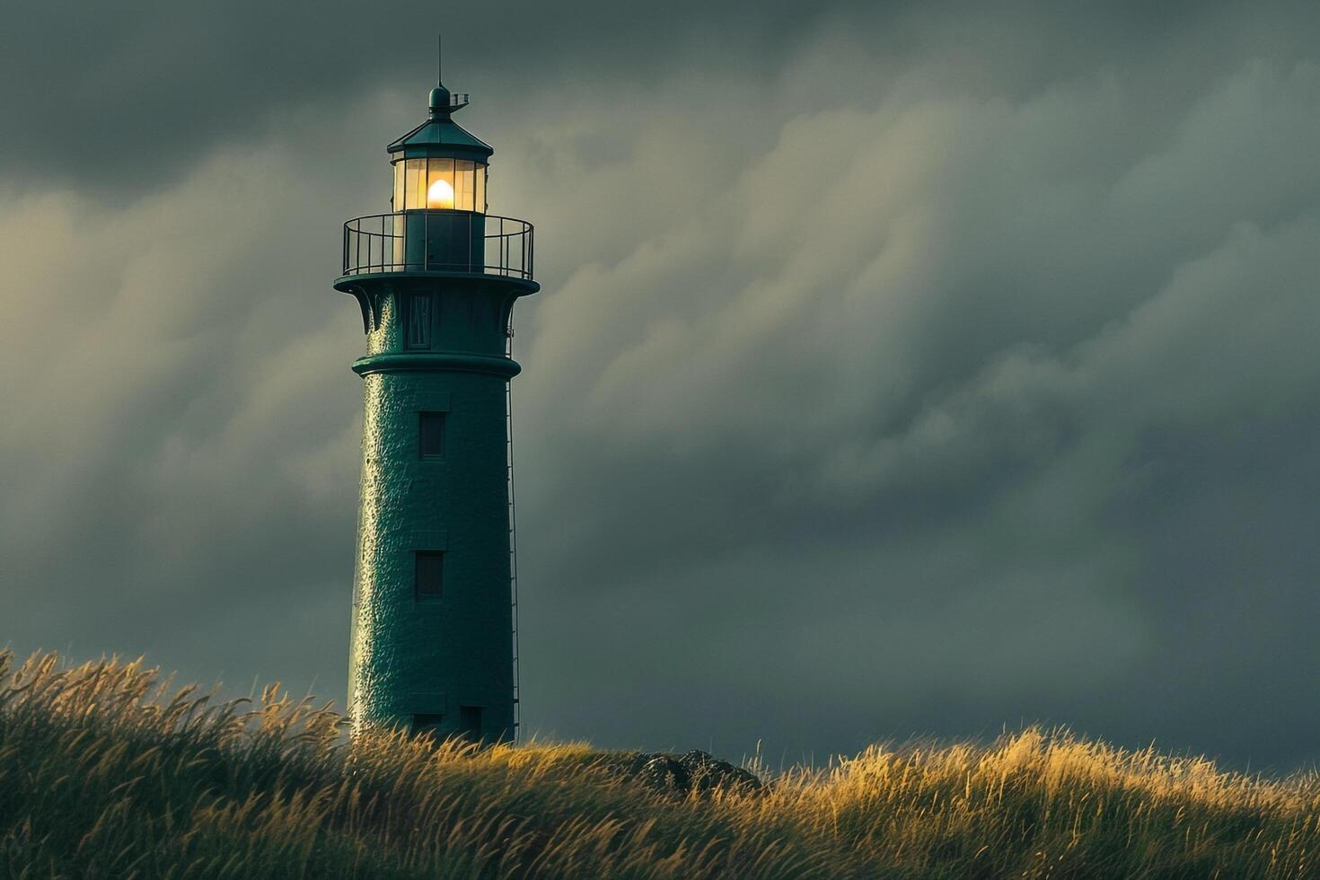 Nature Background of a Green Coastal Lighthouse Against a Stormy Sky photo