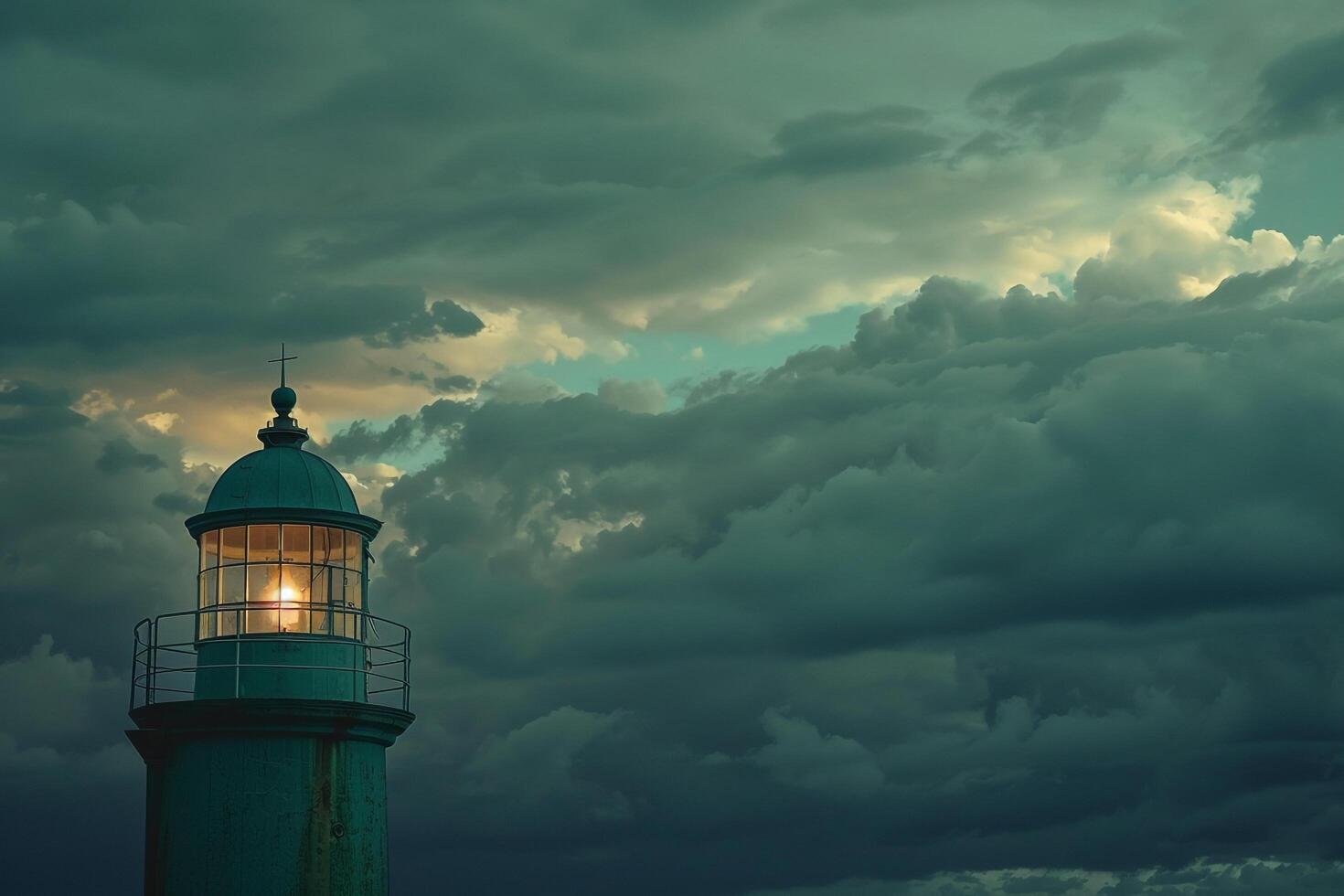 Nature Background of a Green Coastal Lighthouse Against a Stormy Sky photo