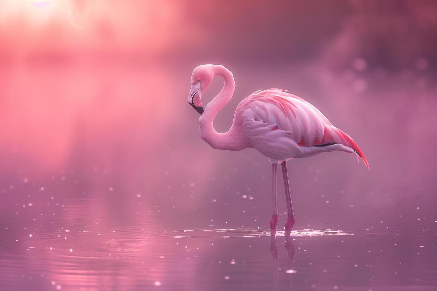 Flamingo standing elegantly in a shallow pink lake background nature photo