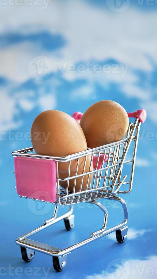 Fresh raw chicken eggs in a miniature supermarket shopping cart, online shopping concept for grocery or food store and goods selection, pastel blue sky background photo