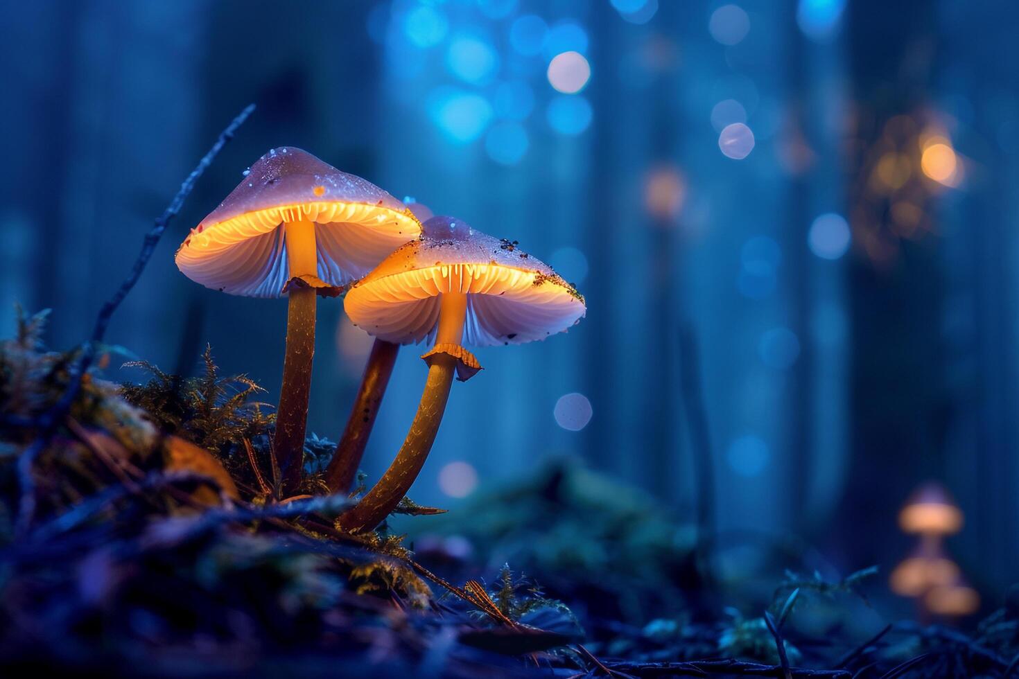 Bioluminescent mushrooms in a dark forest background nature photo