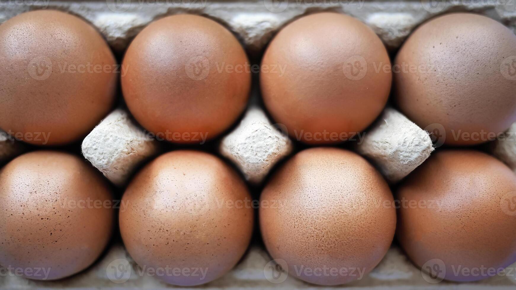 Fresh chicken eggs sits in the paper carton, online shopping concept for grocery or food store and goods selection, pastel blue sky background photo