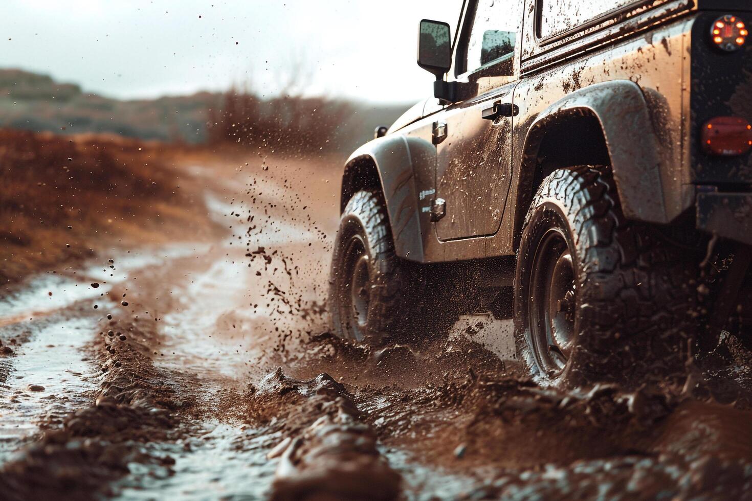 Off road vehicle driving through a muddy trail. splashing mud background nature photo