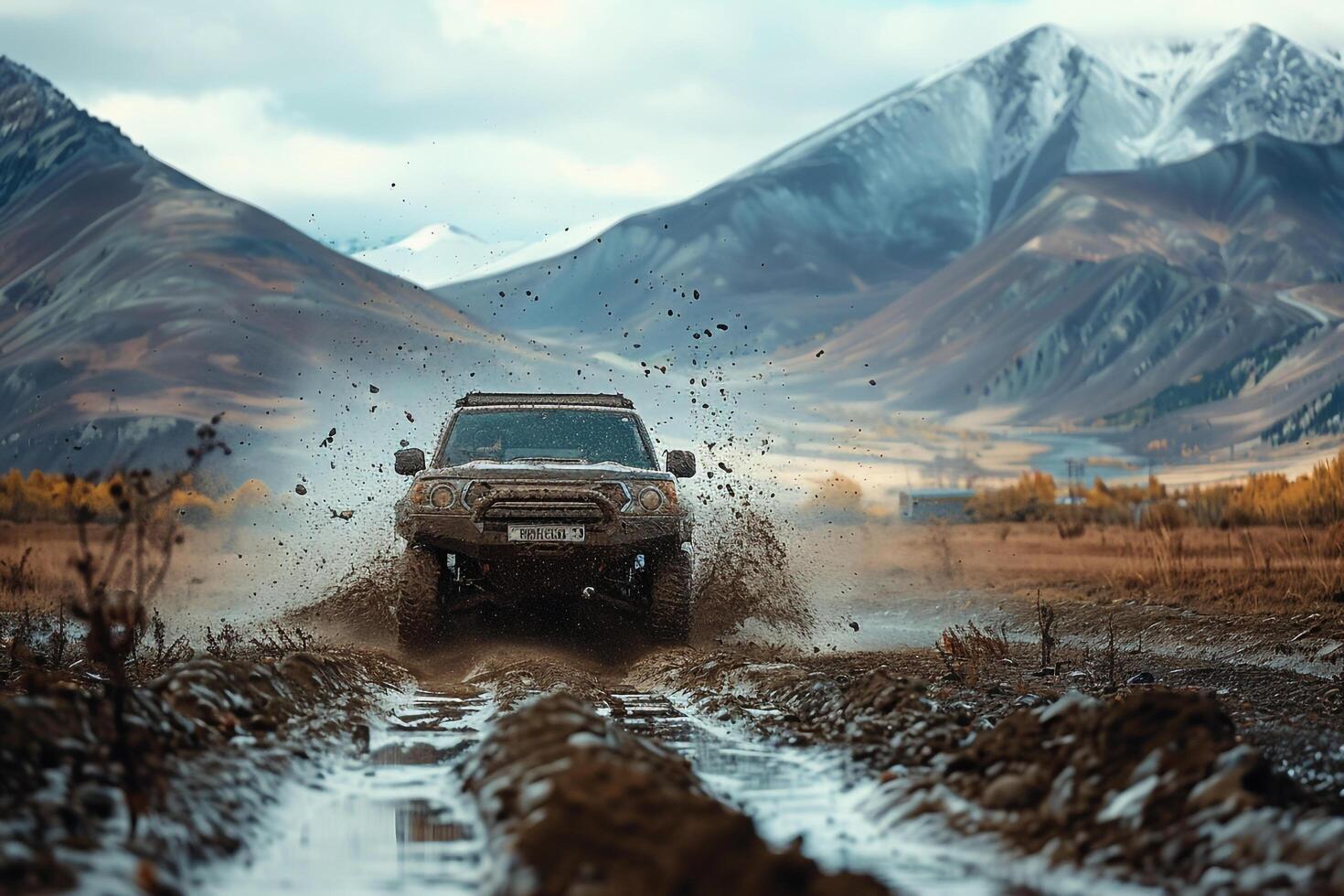 Off road SUV crossing a muddy terrain. splashing mud. with mountains in the background photo