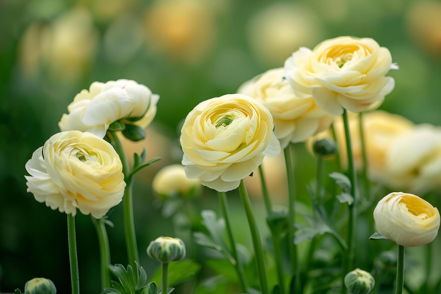 Ranunculus Flowers in a Tranquil Garden with Lush Green Background Nature photo