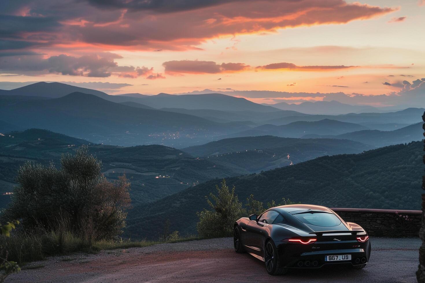 Sports Car Parked at a Scenic Overlook with Mountains and Valleys in the Background Nature photo