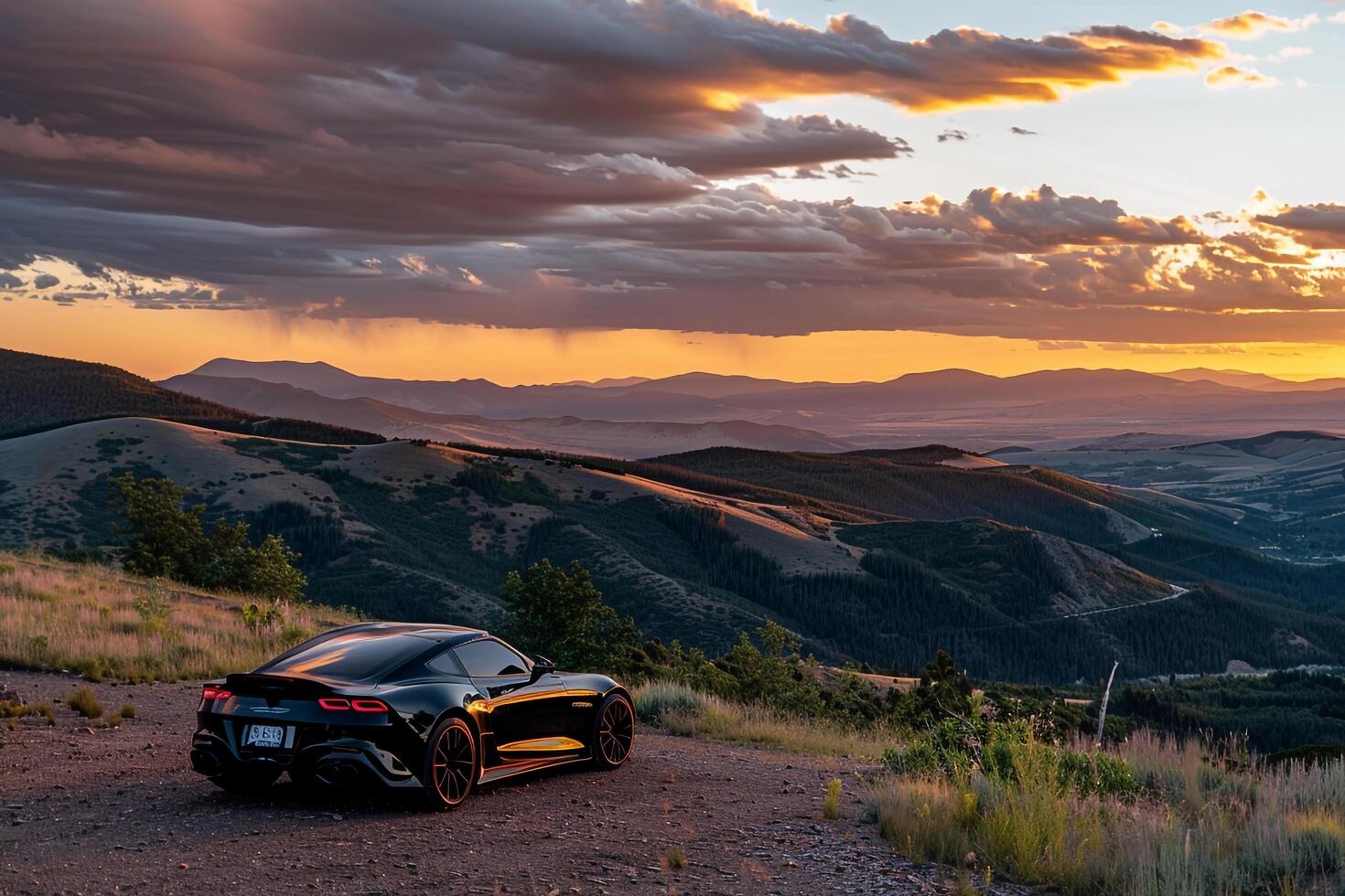 Sports Car Parked at a Scenic Overlook with Mountains and Valleys in the Background Nature photo