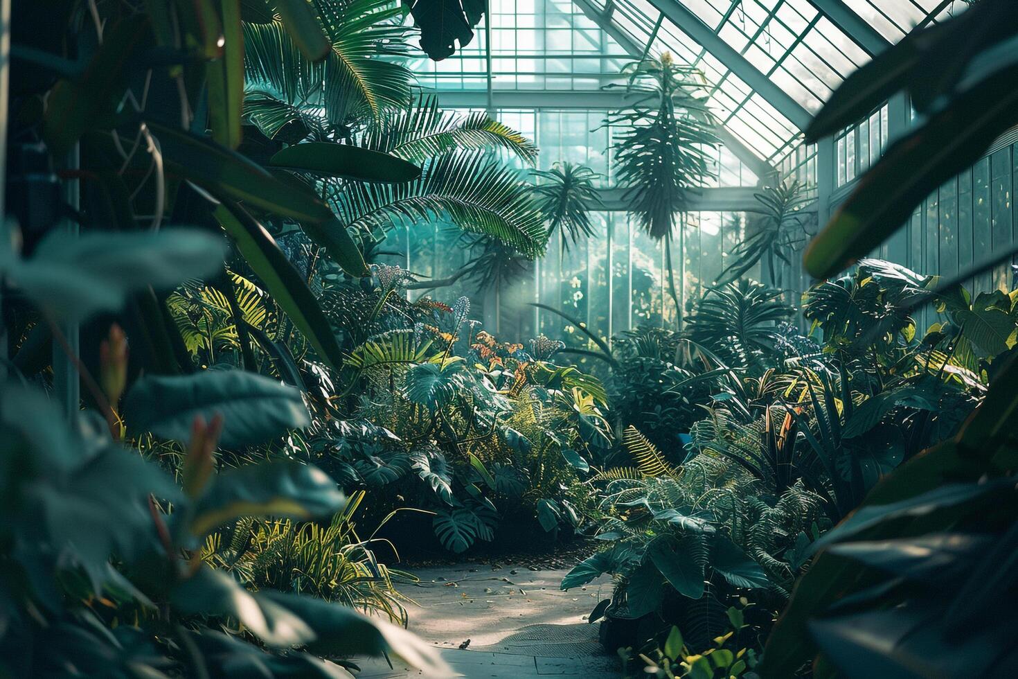 Green Botanical Conservatory Filled with Exotic Plants Nature Background photo