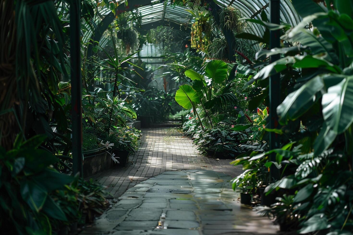 Green Botanical Conservatory Filled with Exotic Plants Nature Background photo