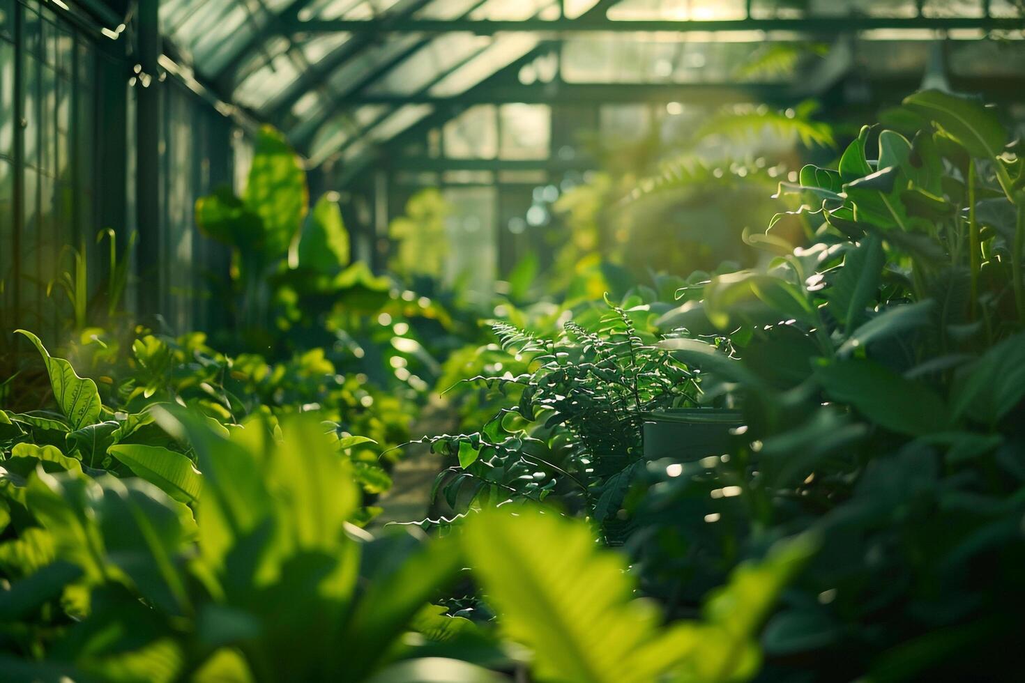 Green Greenhouse Filled with Exotic Plants Nature Background photo