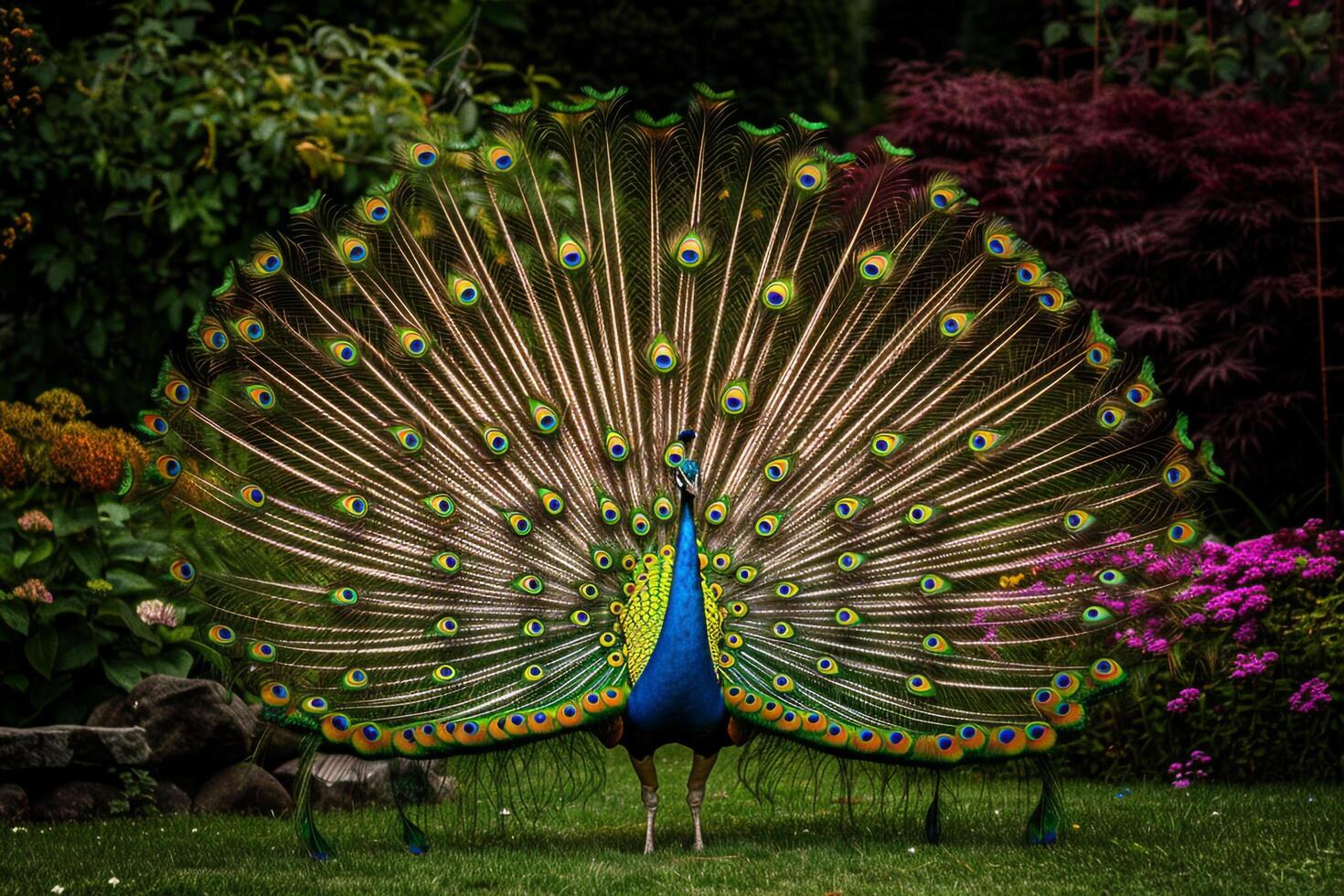 Peacock Displaying Its Feathers in a Garden. Nature Background photo