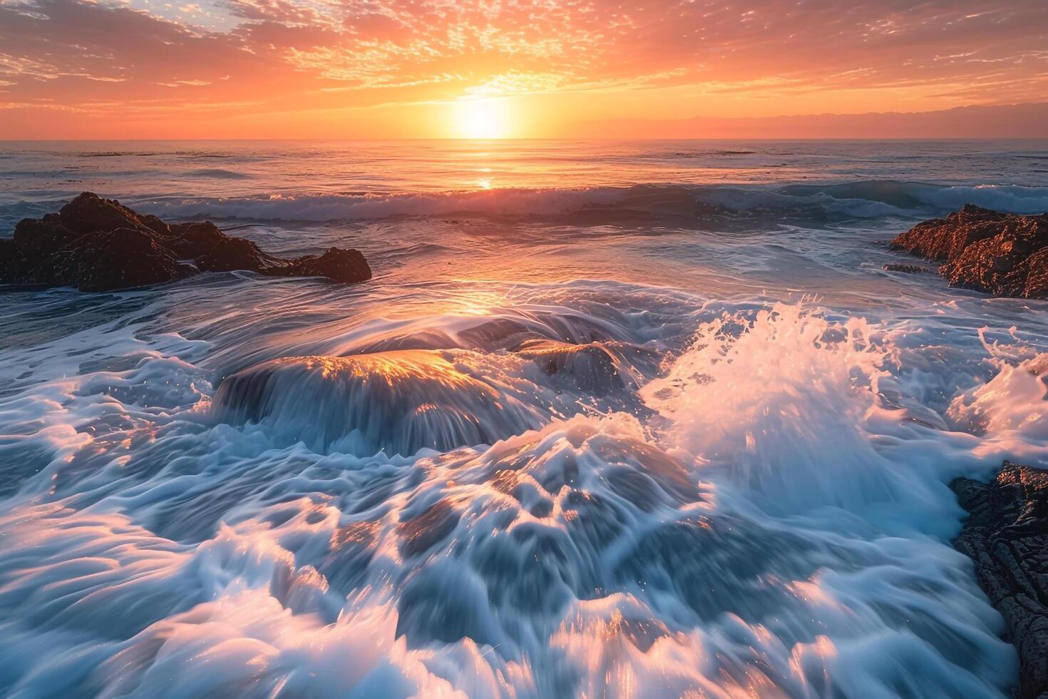 Serene Coastal Sunrise with Waves Crashing on Rocks. Nature Background photo