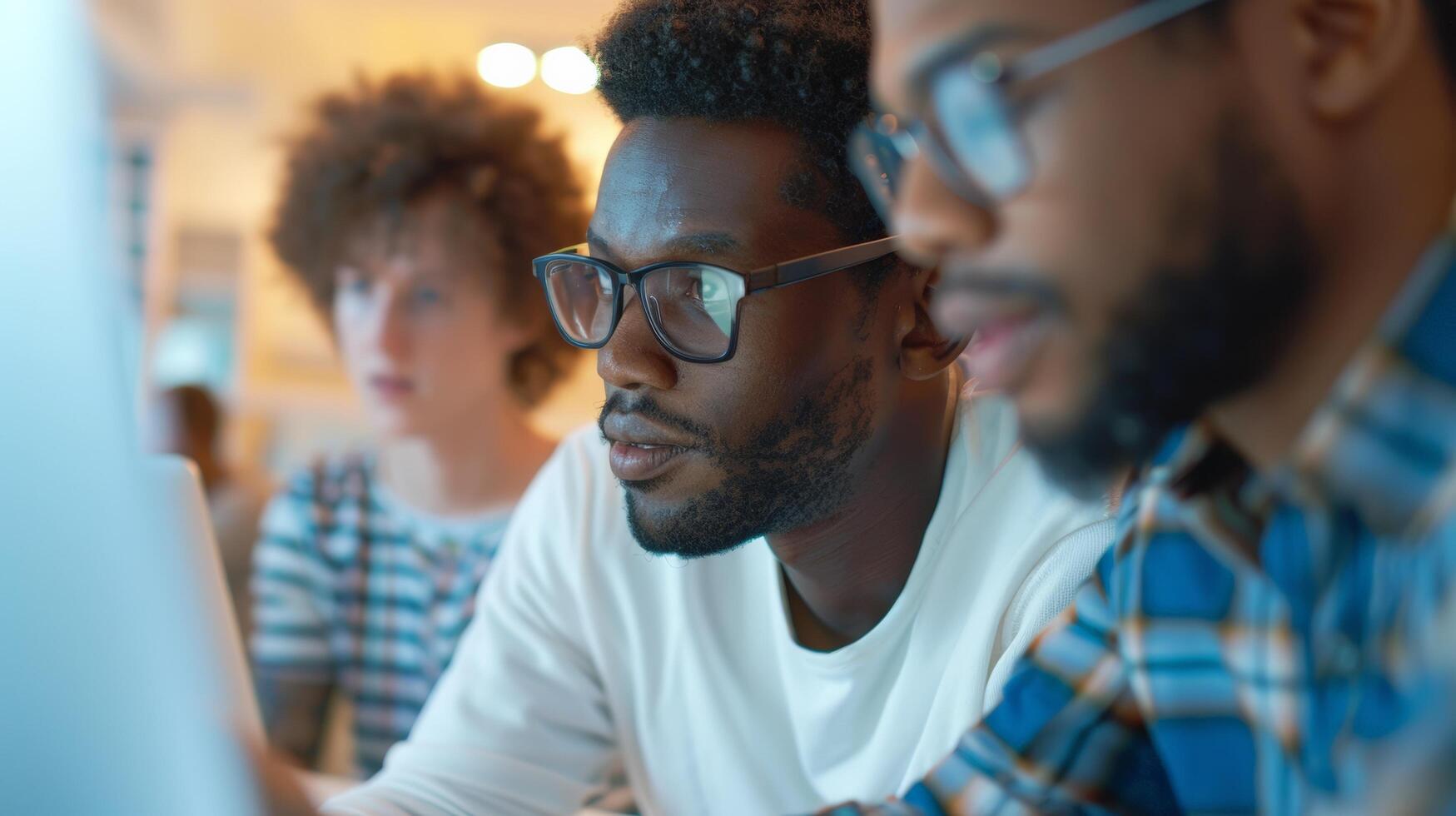 Group of young professionals working on a project together in a modern office, collaborating on computer screens. photo
