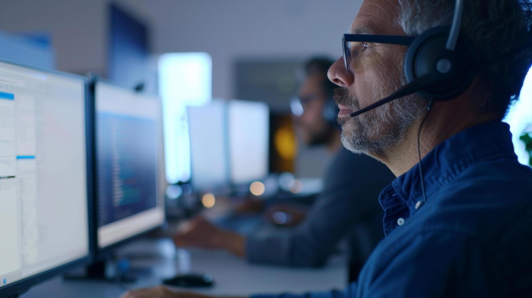Focused professional working at computer with headset, engaged in project or customer support in modern office photo