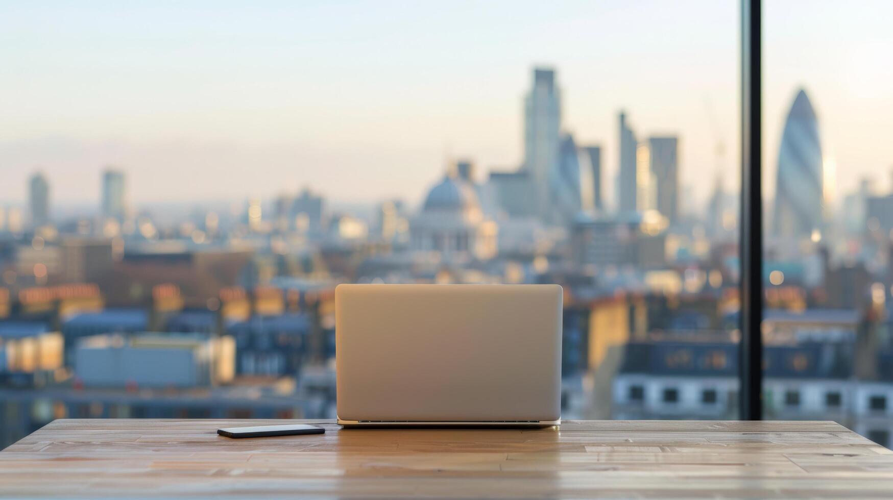 Modern office workspace with laptop on a wooden desk overlooking a bright, urban cityscape through glass windows. photo