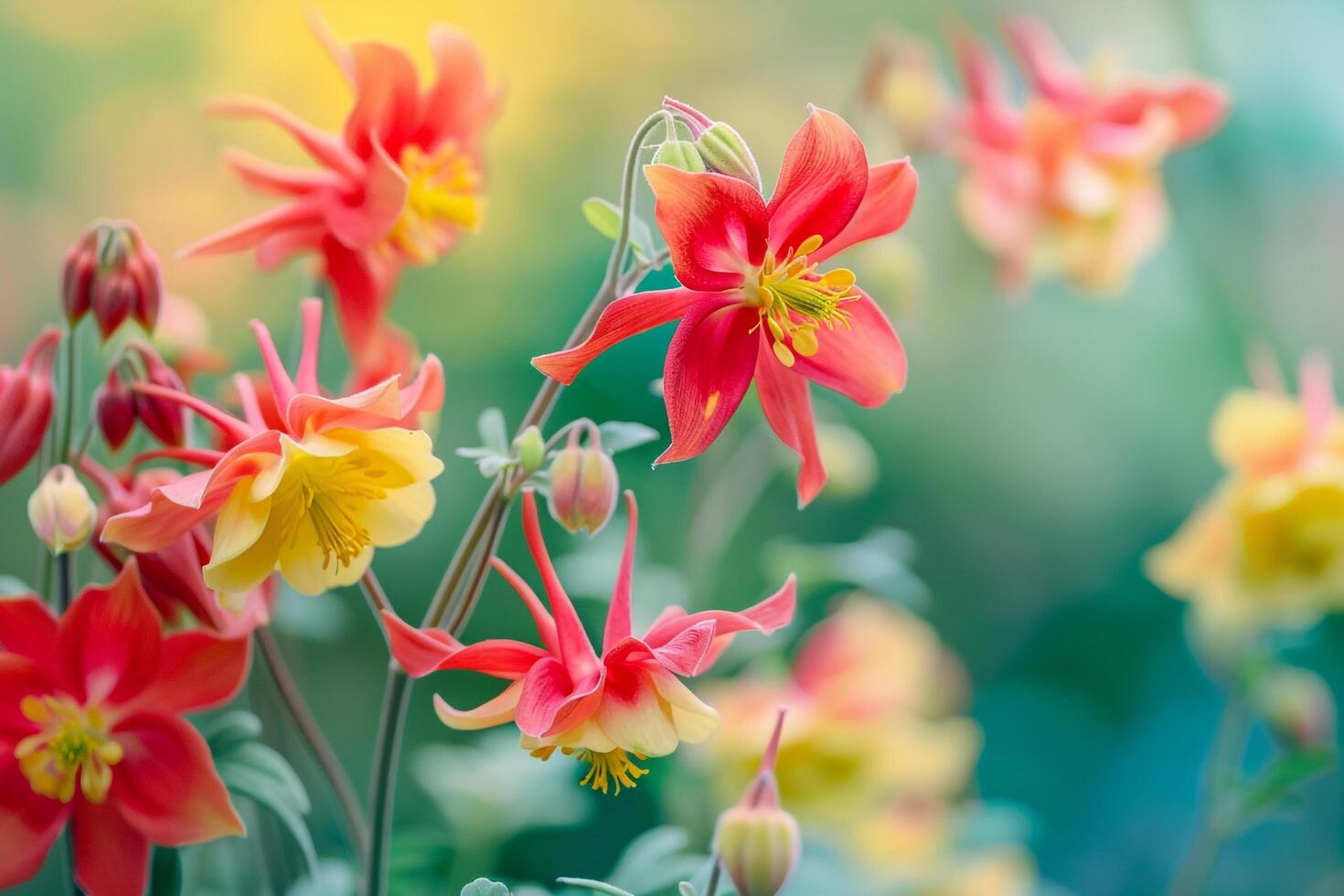 Red and Yellow Columbine Flowers. Nature Background photo