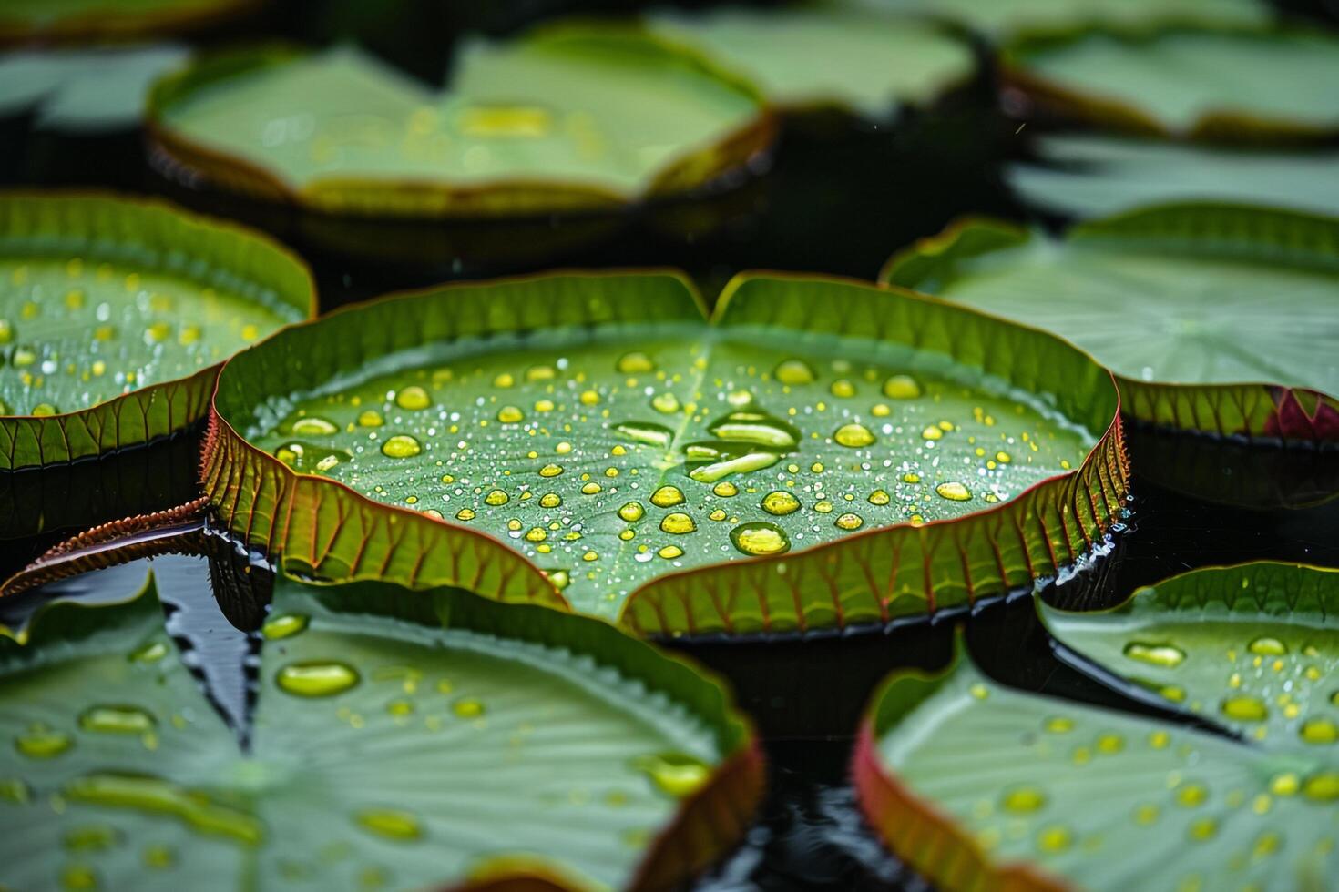 Nature Background of Raindrops on Lily Pads. Fresh and Serene. Natural Water Features. Botanical photo