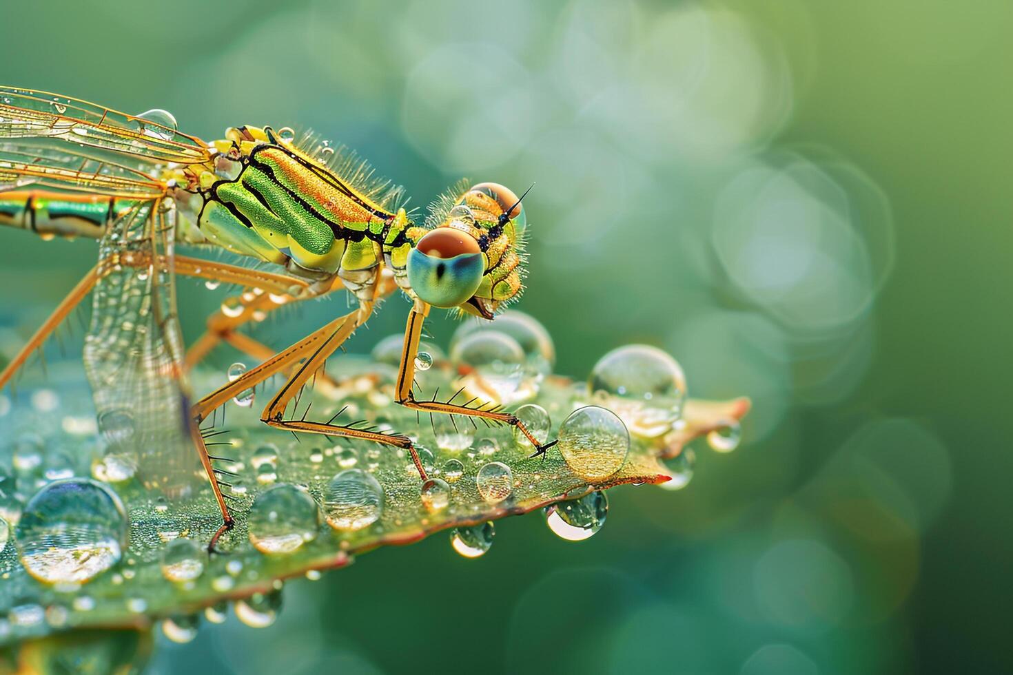 Dragonfly Perched on a Leaf with Dew Drops Nature Background photo