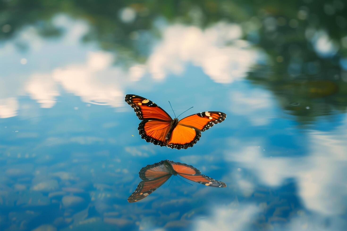 Motiona Julia Longwing Butterfly Fluttering Gracefully Over a Serene Lake with Reflections of Blue Sky and Clouds on the Waters Surface Nature Background photo