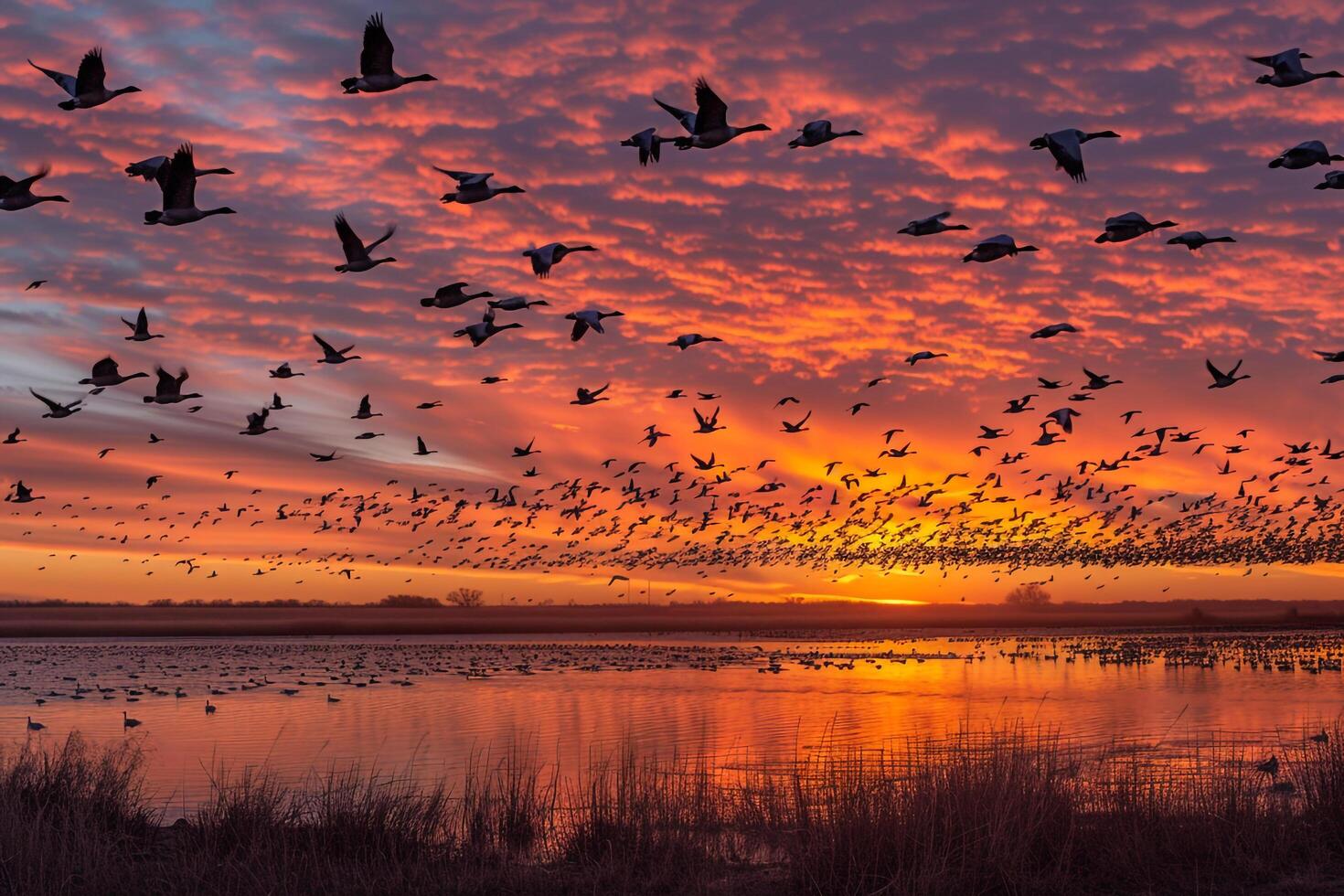 Panoramica flock of geese flying over a vast wetland during sunset nature background photo