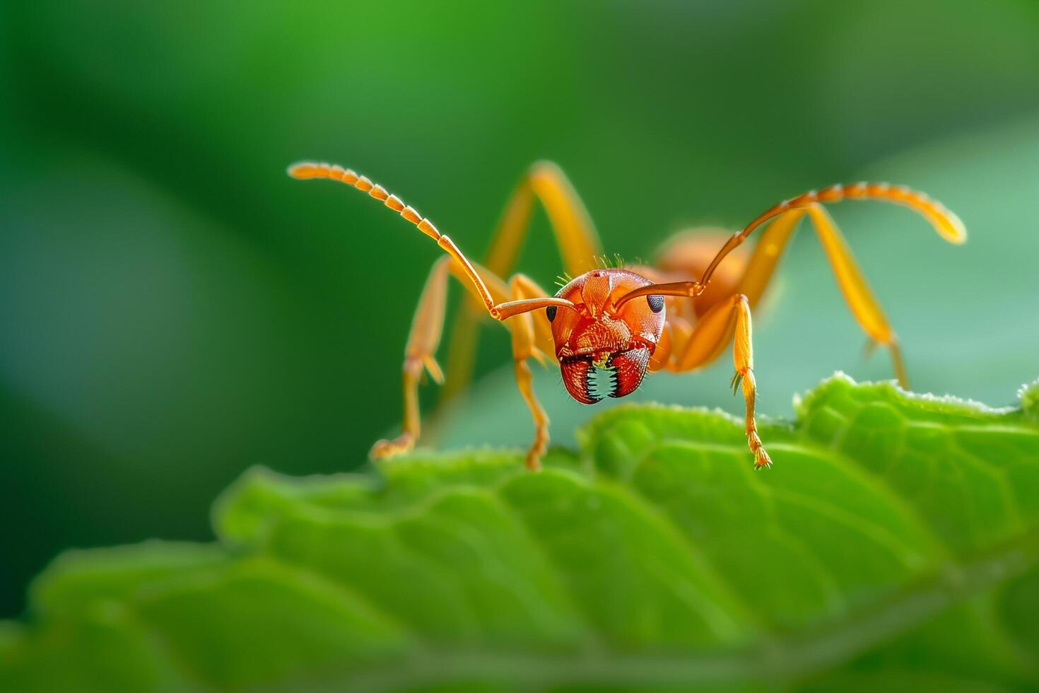 Red Ant on Green Leaf  Extreme Nature Background photo