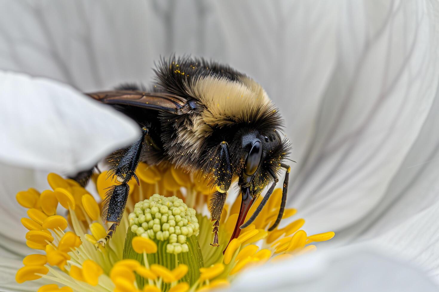 Nature Background of a Bee Collecting Pollen from a  White Flower Background Nature photo