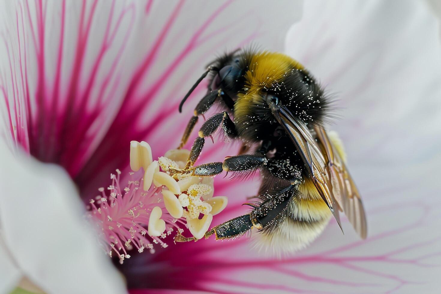 Nature Background of a Bee Collecting Pollen from a  White Flower Background Nature photo