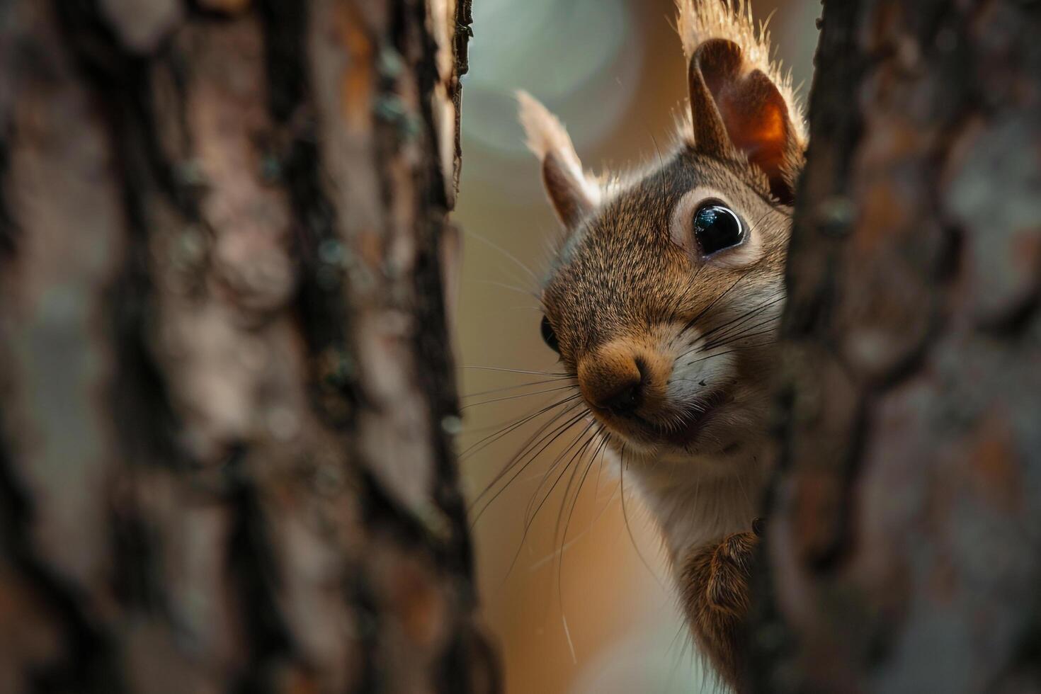 Nature Background of a Curious Squirrel Peeking Out from Behind a Tree Trunk in a Woodland Background Nature photo