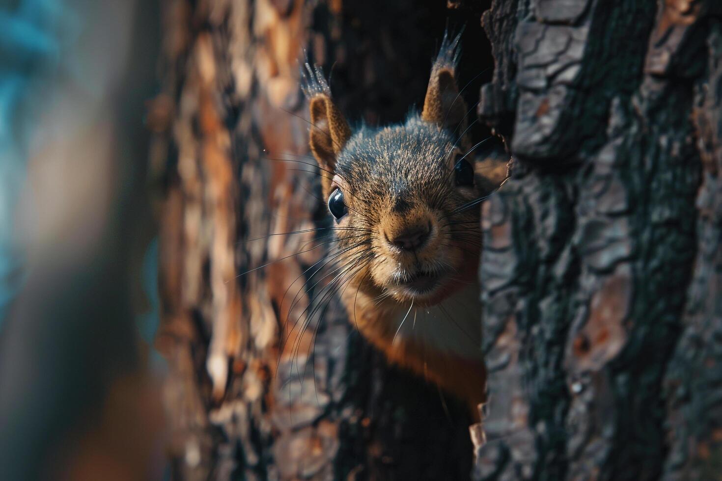 Nature Background of a Curious Squirrel Peeking Out from Behind a Tree Trunk in a Woodland Background Nature photo