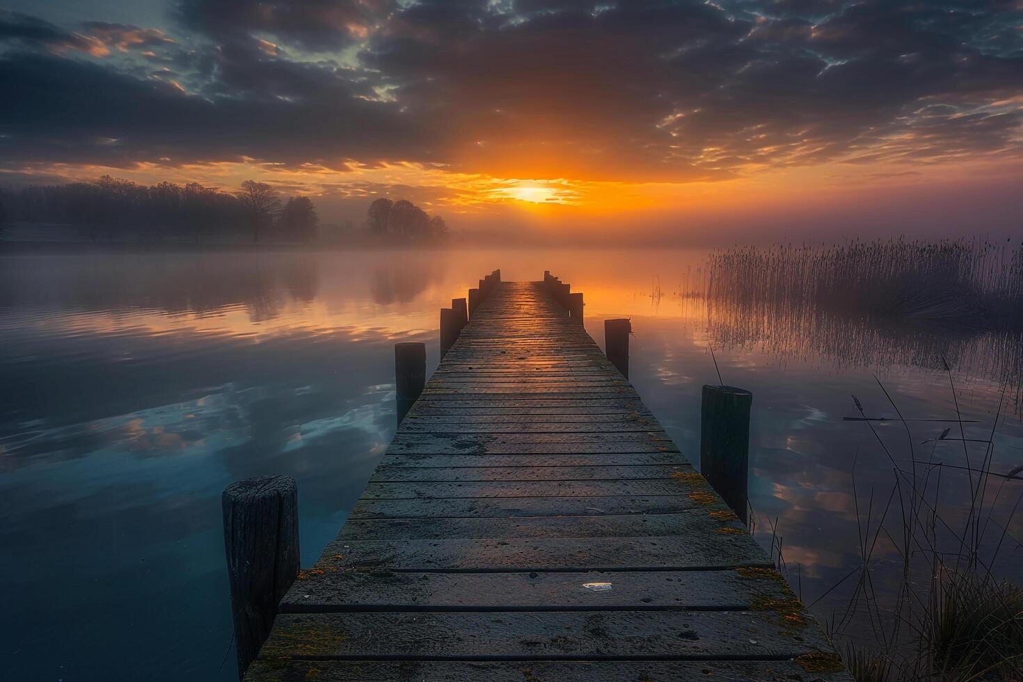 Sunset Over Misty Lakeside Nature Background photo