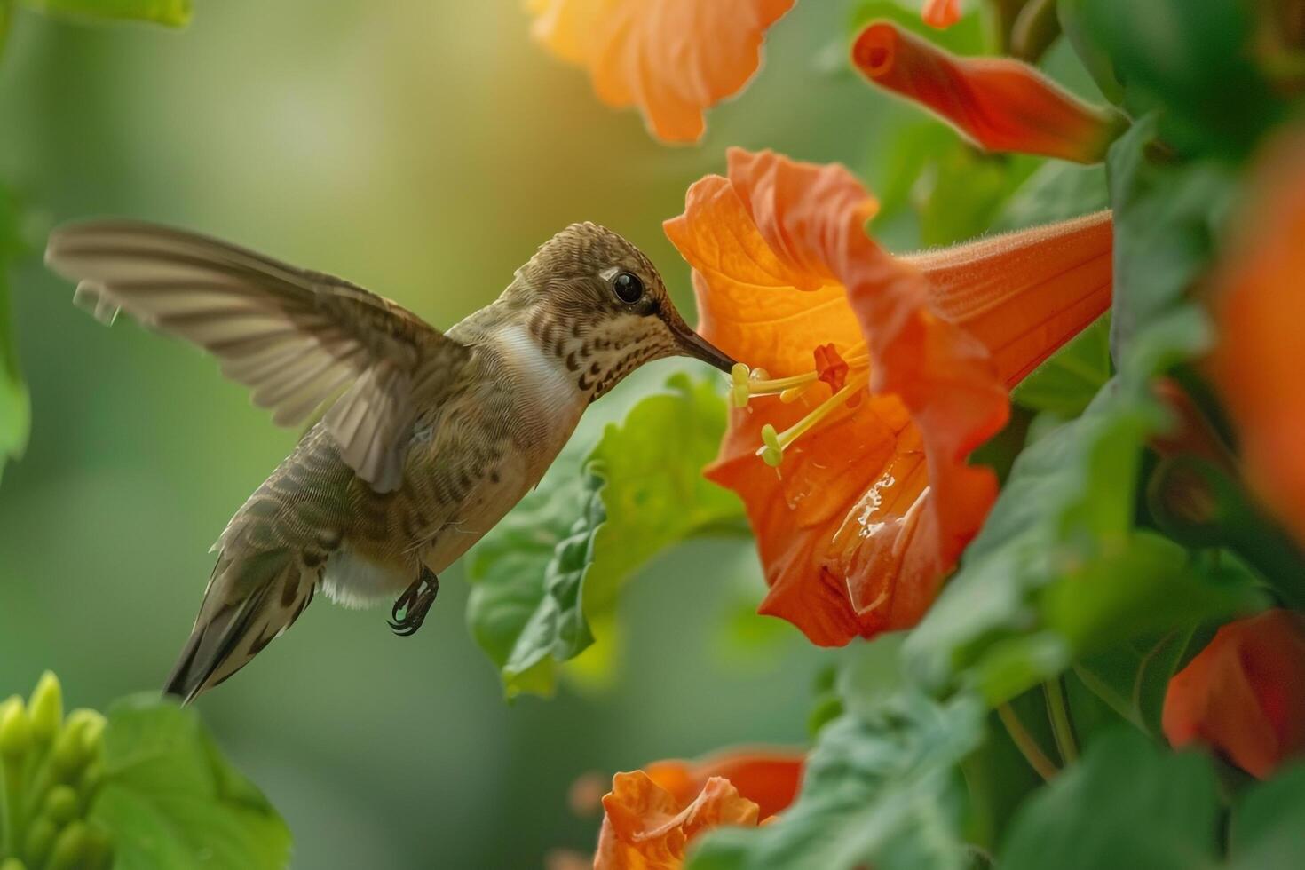 Nature Background of a Hummingbird Sipping Nectar from a  Orange Trumpet Vine Background Nature photo