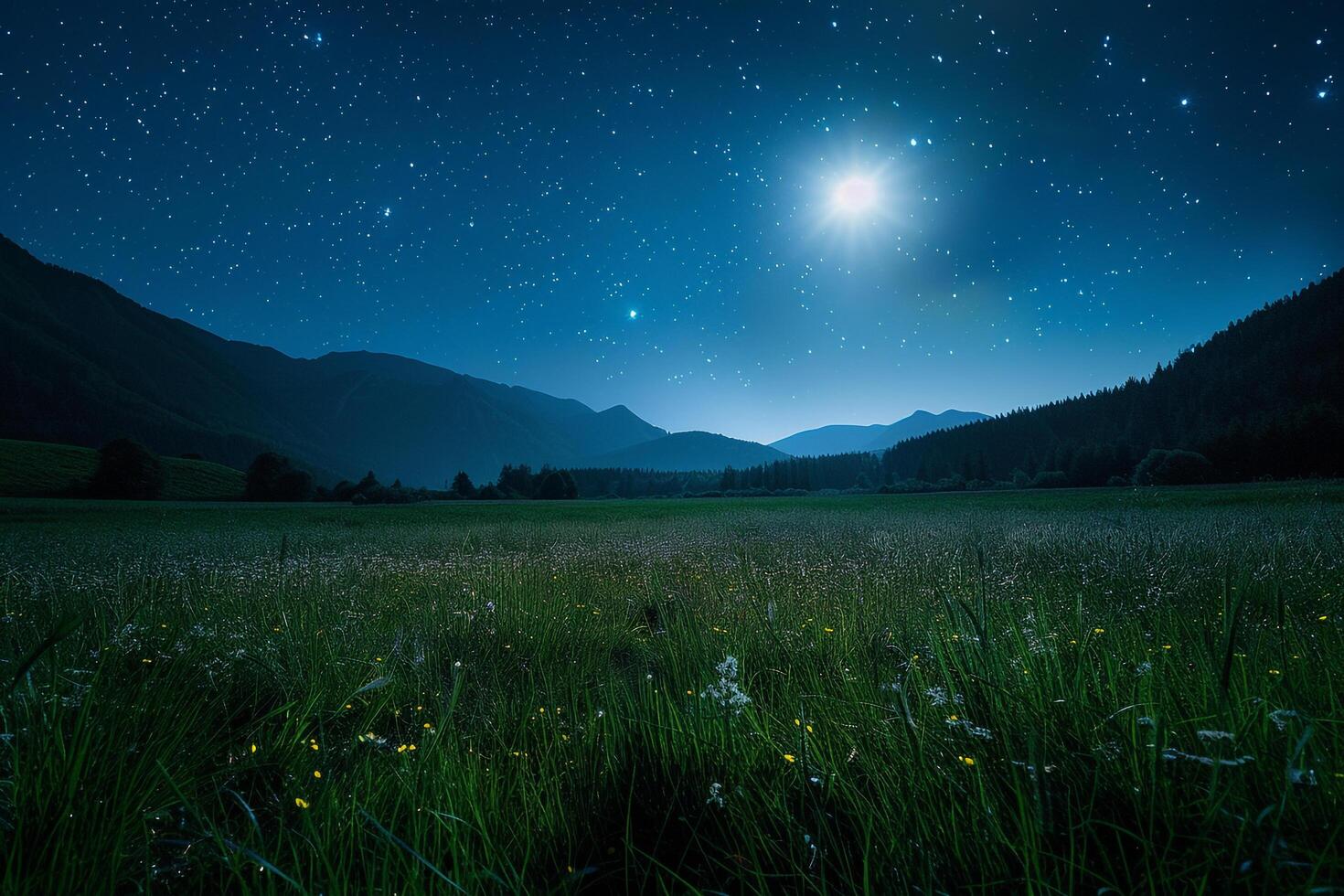Night meadow illuminated by moonlight. background. Nature photo