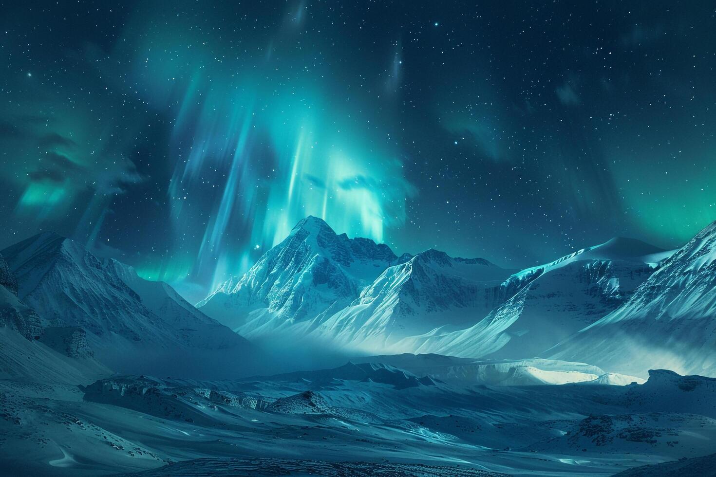 Aurora borealis dancing over snowy mountains. background. Nature photo