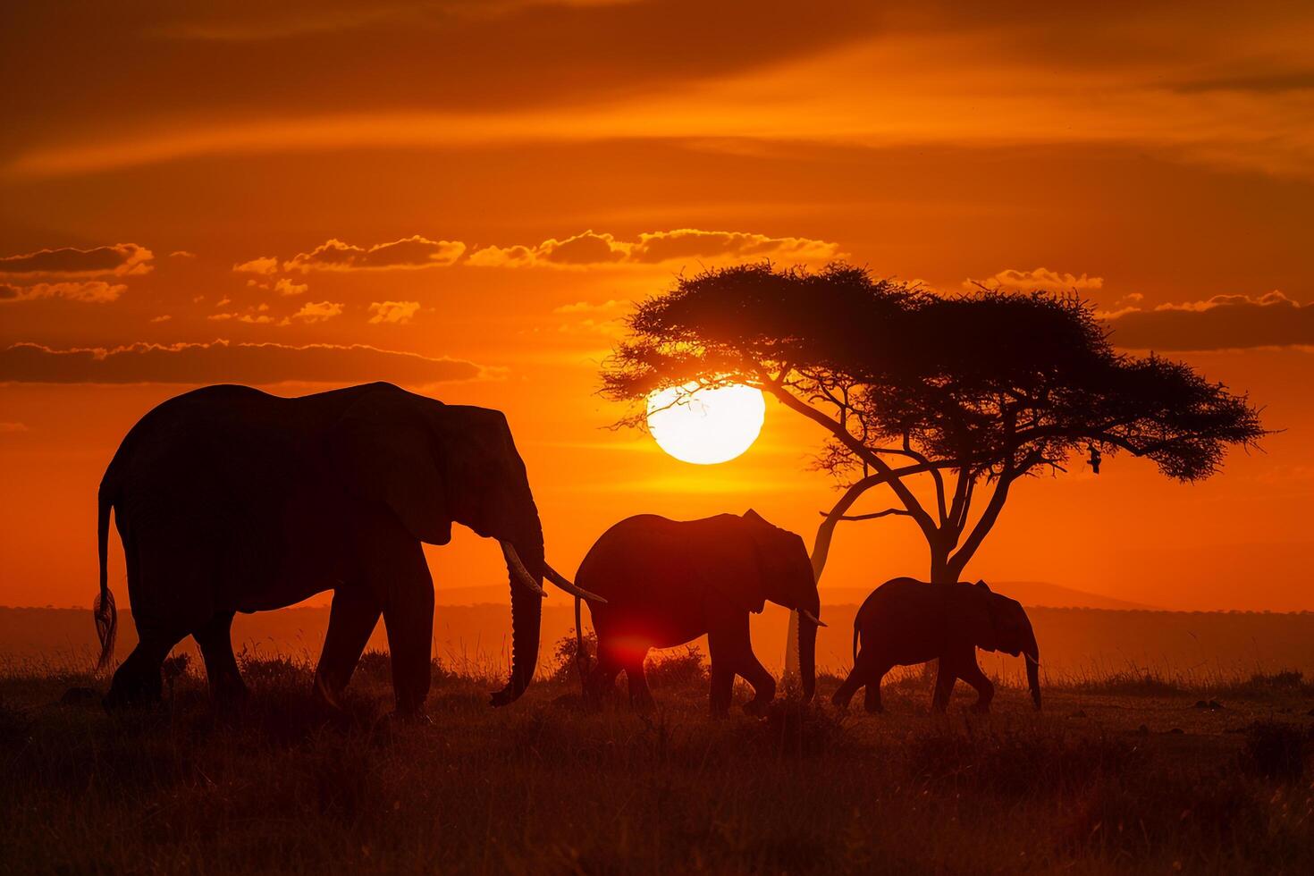 Elephants Silhouetted Against a Sunset in the Serengeti Background Nature photo