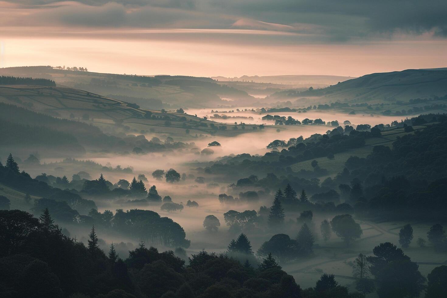 Panoramic Mist Covered Valleys at Dawn Background Nature photo